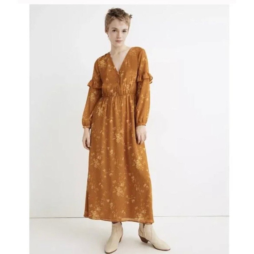 Madewell Maxi Dress Womens 10 Gold Floral Ruffle Sleeve V-Neck AF255